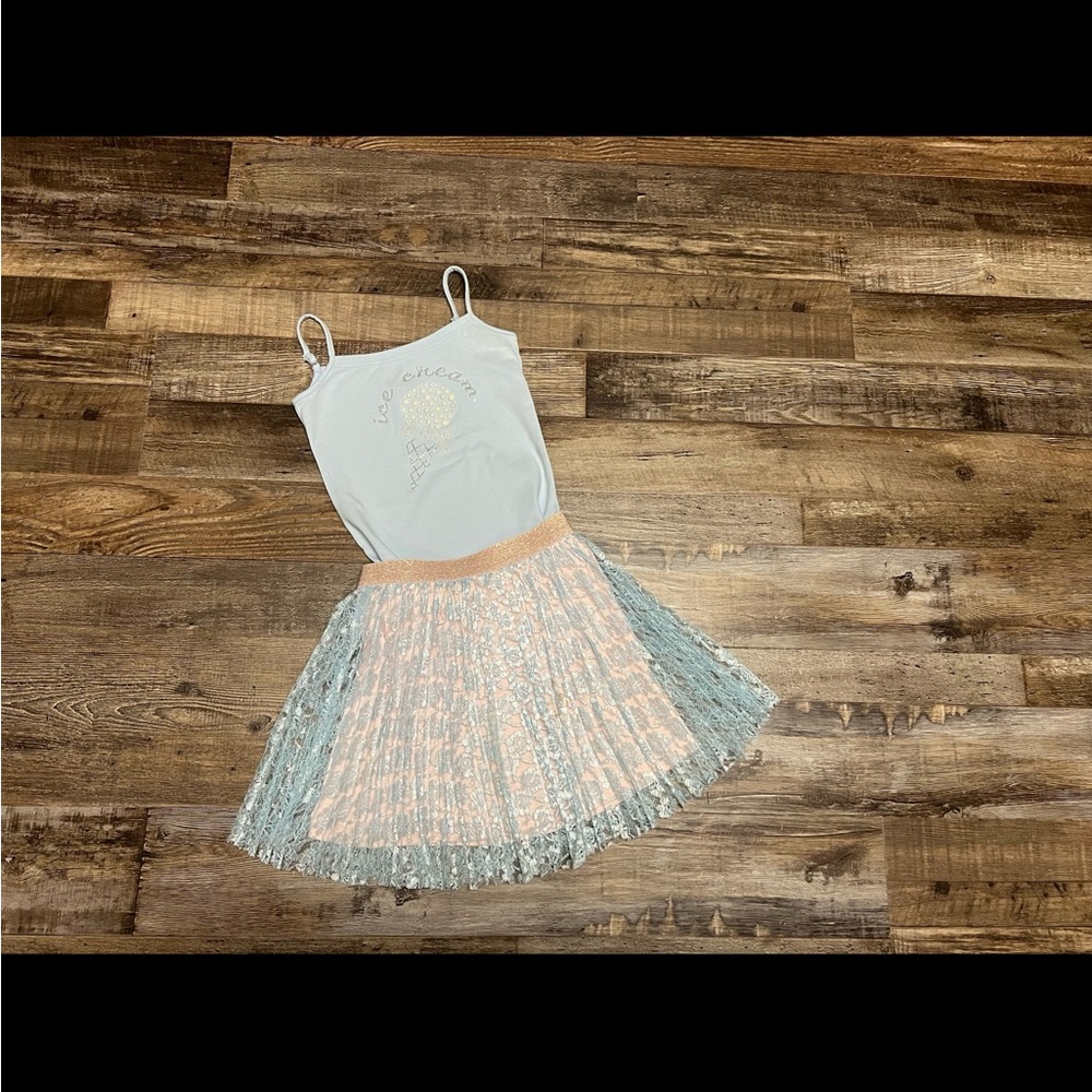 LITTLE LADY Girl $125 Outfit Lace Skirt Cami Top Ice Cream 128 8 Jacadi